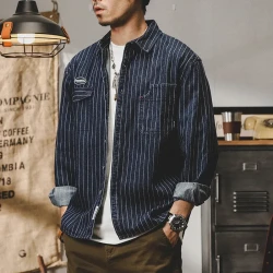 American-style Heavy Striped Denim Shirt Long Sleeve