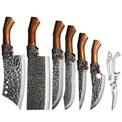 7-Piece Handmade Forged Knife Professional Kitchen Chef Knife Set – Stainless Steel Chef Knife, Utility Knife, Boning Knife, Cutting Knife, Fish Knife, Butcher Knife, Kitchen Scissors