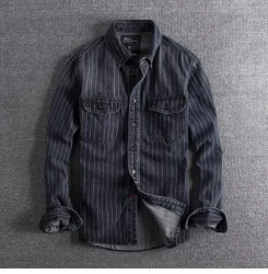 Denim Shirt Retro Heavy Distressed Thick Striped Long Sleeve Coat