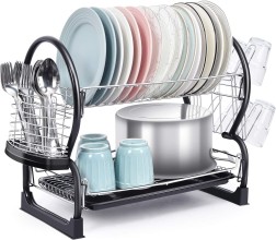 Two-Tier Stainless Steel Dish Drying Rack with Utensil Holder and Cup Hooks - The Ultimate Kitchen Space Saver