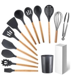 12-Piece Premium Silicone Kitchen Utensil Set with Natural Wooden Handles