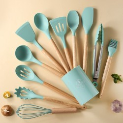 12Pcs Wooden Handle Silicone Kitchen Utensils With Storage Bucket