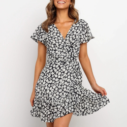 Floral Print Short-sleeved V-neck Casual Chiffon Dress