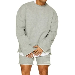 Men's Fashion Solid Color Loose Rolled Sweatshirt Shorts Set