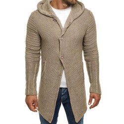 Men's hooded long sleeve mid length knit cardigan