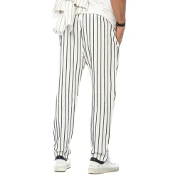 Men's Vertical Striped Cotton And Linen Straight Loose Trendy Casual Trousers