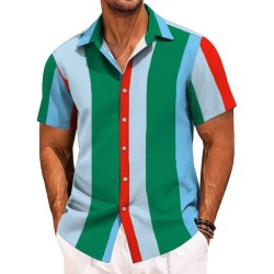 Men's Retro Color Block Lapel Shirt - Short Sleeve