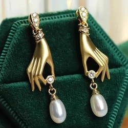 Faux Pearl Pendant Golden Hand Design Dangle Earrings