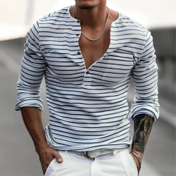 Men's Casual Striped Henley Collar Long Sleeve T-shirt