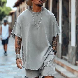 Men's solid loose round neck short sleeve T-shirt