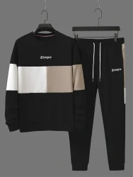 Men's Color Block 2Pcs Outfits, Casual Crew Neck Long Sleeve Sweatshirt And Sweatpants Joggers Set