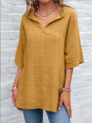 Women's V-neck Solid Color Cotton Shirt