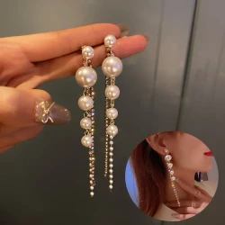 Temperament Pearl Tassel Long Earrings