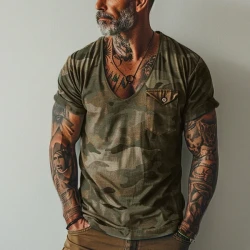 V-neck Chest Pocket Short Sleeve T-shirt