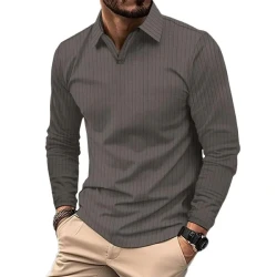 Men's Solid Striped V-Neck Long Sleeve Polo Shirt