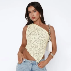 Ins Lace Backless Top Summer Solid Color Waistless Asymmetrical Sloped Neck Vest