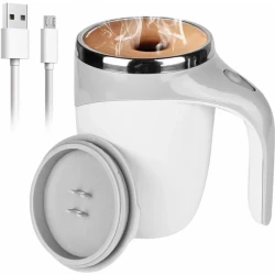 Electric Magnetic Stirring Coffee Mug - Self Mixing Stainless Steel Travel Cup (12 oz, White)