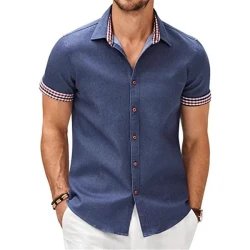 Check Print Stitching Lapel Short Sleeve Shirt