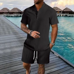 Stand Collar Short-Sleeved Shirt And Shorts Set