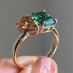 Fashion Jewelry Creative Double Main Stone Lady Green Yellow Zircon Square Stone Ring