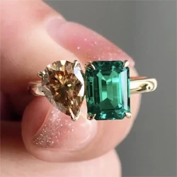 Fashion Jewelry Creative Double Main Stone Lady Green Yellow Zircon Square Stone Ring