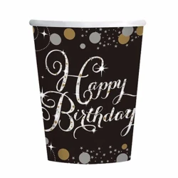 Sparkling Black Happy Birthday Cups Paper - Pack of 8