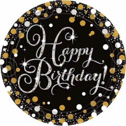 Sparkling Black Happy Birthday Dinner Plates - Pack of 8