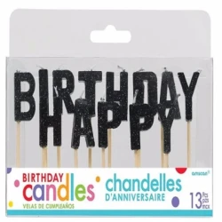 Candle Set Happy Birthday Black Glittered - Pack of 13