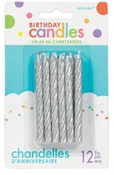 Birthday Candles Large Spiral Glitter Silver - Pack of 12