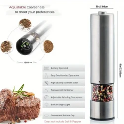 Electric Salt and Pepper Grinder Set - Battery Operated Stainless Steel Mill with Light