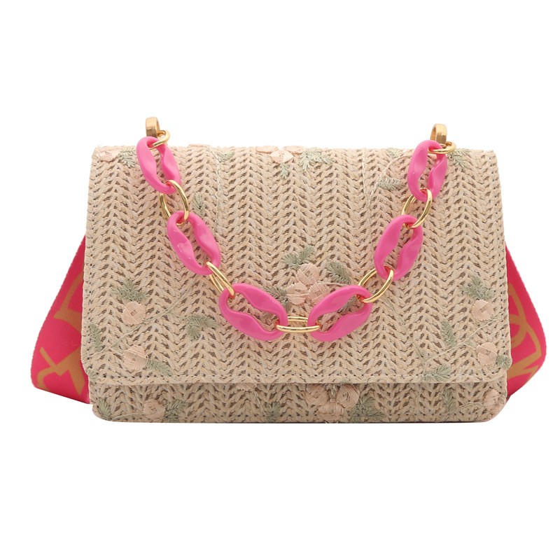 Straw Square Bag with Acrylic Chain