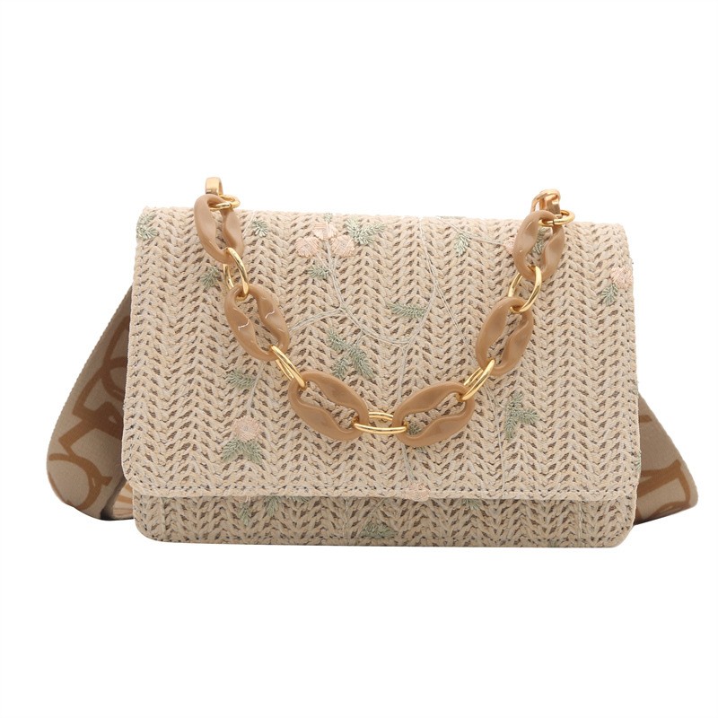 Straw Square Bag with Acrylic Chain