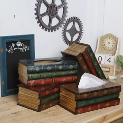 Creative Retro Wooden Book Shape Tissue Box