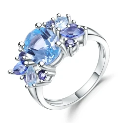 S925 Sterling Silver Natural Topaz Gemstone Ring – Elegant Blue Statement Jewelry