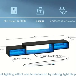 Floating TV Stand Wall Mounted with Power Outlet - 59'' Entertainment Shelf with LED Lights