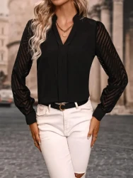 V-neck Long-sleeved Chiffon Shirt Lace Stitching Solid Color Tops