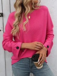 Women's Round Neck Button Cored Yarn Long Sleeve Sweater