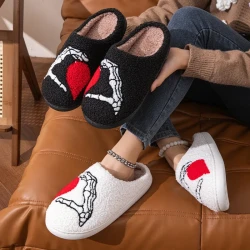 Funny Halloween Love Skull-hand Slippers Home Non-slip Soft Bottom Cotton Floor Bedroom Slippers Winter Warm House Shoes For Women Men