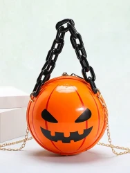 Halloween Cartoon Pumpkin Ball Handbags With Chain Personality Creative Funny Shoulder Bags For Kids Women