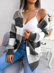 Plaid Sweater Women Casual Lantern Sleeves Cardigan Jacket Outerwear Clothes