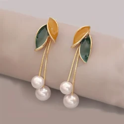 Enamel Leaf and Pearl Drop Earrings