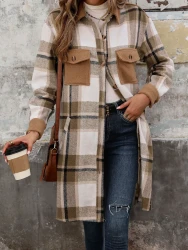 New Brushed Plaid Long Coat With Pockets Fashion Winter Jacket Outwear Women's Clothing