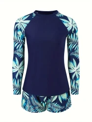 Tropical Print 2 Piece Swimsuit, Contrast Color Water Sports Swimsuit, Women's Swimwear & Clothing