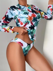 Tropical Print Long Sleeve Crew Neck 2 Piece Swimsuits, Stretchy Low Waist Stylish Water Sports Rush Guard Beachwear, Women's Swimwear & Clothing