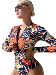 High-Stretch Polyamide Womens One-Piece Leaf Print Swimsuit - Long Sleeves, Half Zipper, Cut Out, Crew Neck, Random Print, Sports Style - Quick-Dry, Comfortable, and Flattering for Water Sports and Competitive Bathing