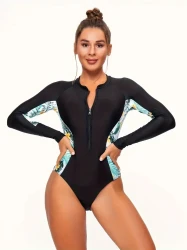 Tropical Print One Piece Swimsuit - Full Coverage Sleeves for Maximum Protection, Convenient Zipper Closure for Easy On/Off, Flattering High-Cut Design for a Sleek Silhouette