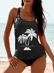 Women's Tropical Coconut Tree Print Tankini 2 Piece Set - High Cut with Side Ties, Adjustable Drawstring, Round Neck Swimwear for Beach & Pool