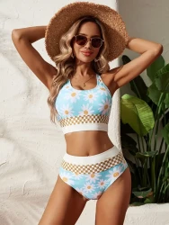 2-Piece Floral Tankini Set - Chic Round Neck & Racerback, Comfort Stretch High-Cut for Beach & Poolside Elegance, Alluring Women's Swimwear