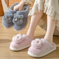 Cat Slippers Soft Plush Comfy Warm Couple Slip-On House Cute Cat Face Slippers For Winte