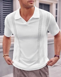 European and American Style Men's Short Sleeve Knitted V-Neck Polo Shirt with Hollow Design